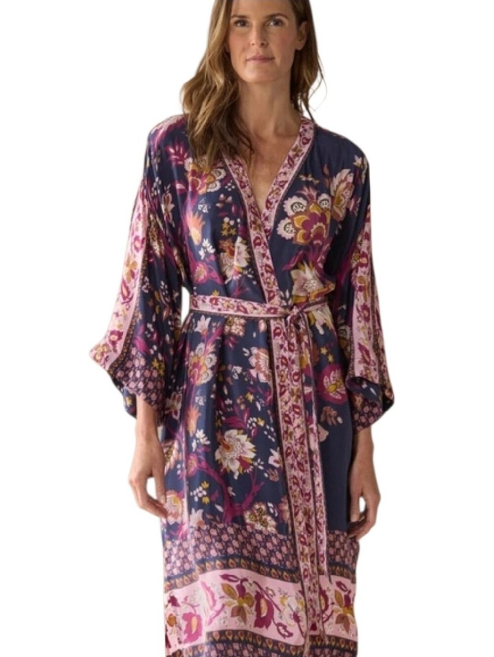 Sundance Bustling Blooms Kimono Robe Navy Floral Boho Duster XS/S Pockets